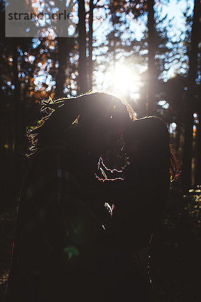 Silhouette eines jungen verliebten Paares im Wald