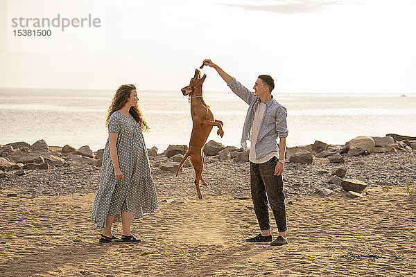Junges Paar mit Hund am Strand  Hundespringen