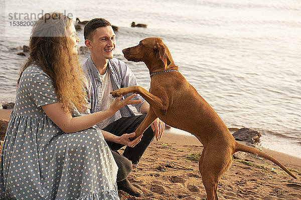 Paar mit Hund am Strand  Hund gibt Pfötchen