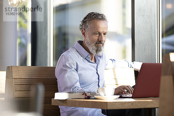 Erwachsener Mann benutzt Laptop in einem Café