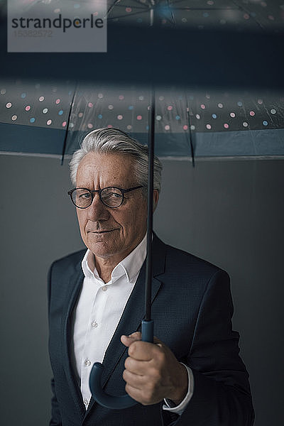 Porträt eines leitenden Geschäftsmannes  der einen Schirm hält