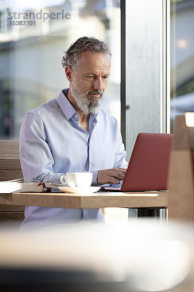 Erwachsener Mann benutzt Laptop in einem Café