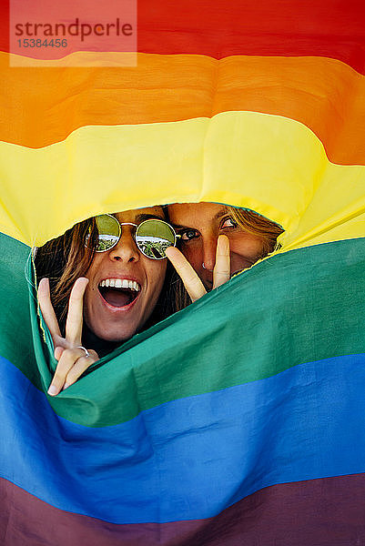 Zwei Frauen schauen durch einen Riss in einer Regenbogenfahne