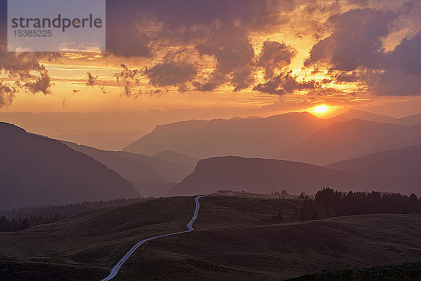 Italien  Dolomiten  Passo Rolle  Feldweg in den Bergen bei Sonnenuntergang
