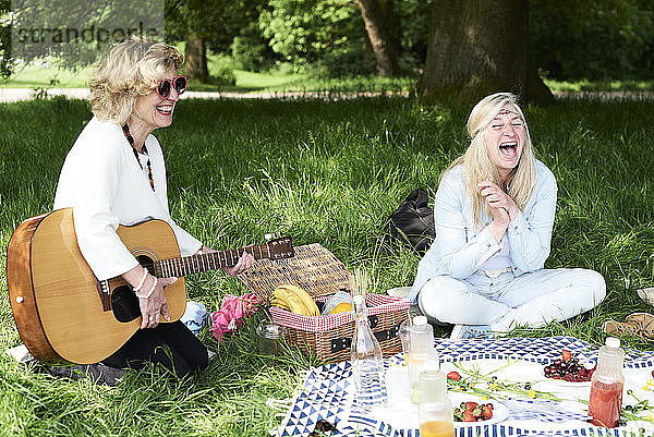 Frauen mit Gitarre amüsieren sich bei einem Picknick im Park