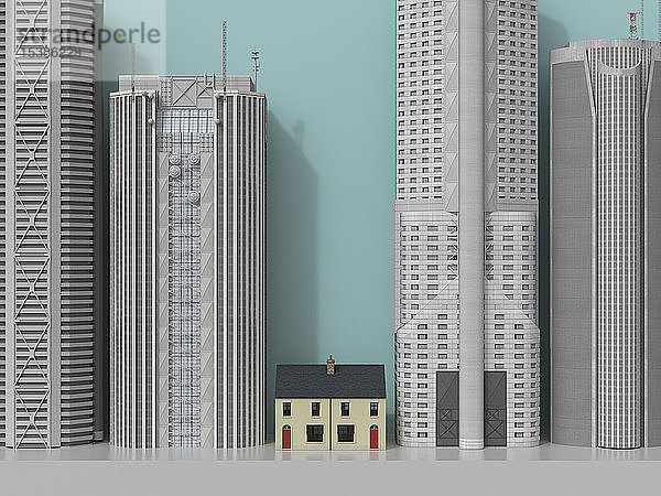 3D-Rendering  Wohnhaus zwischen Wolkenkratzern eingezwängt
