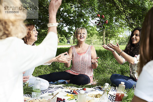 Glückliche Frauen  die bei einem Picknick im Park Beeren in die Luft werfen