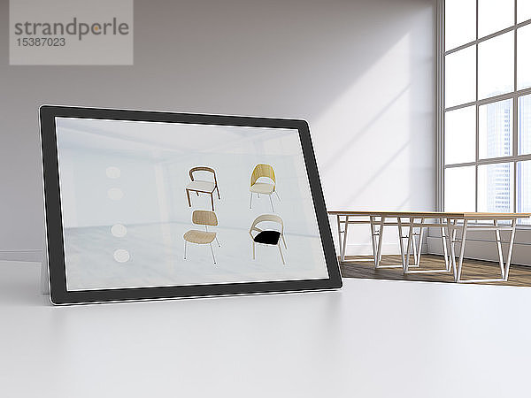 3D-Rendering  Digitales Tablet in modernem Loft mit ausgestellten Möbeln  Online-Shopping für Stühle