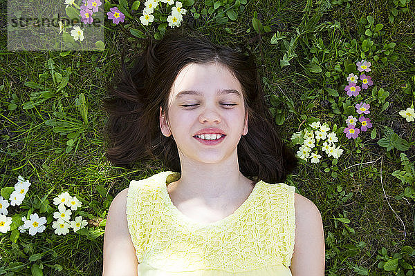 Bildnis eines auf einer Blumenwiese liegenden Mädchens  Draufsicht