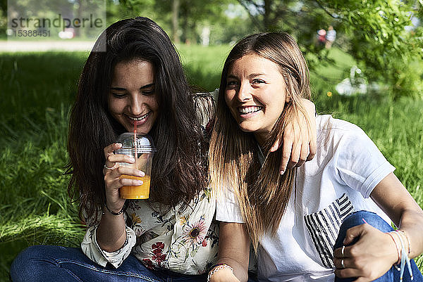 Porträt von zwei glücklichen jungen Frauen  die bei einem Picknick im Park Saft trinken