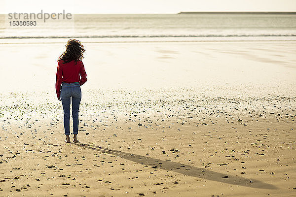 Rückansicht einer jungen Frau  die bei Sonnenuntergang am Strand steht