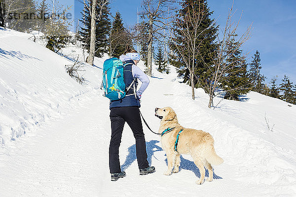 Deutschland  Bayerischer Wald  Lusen  Frau mit Hund beim Winterwandern