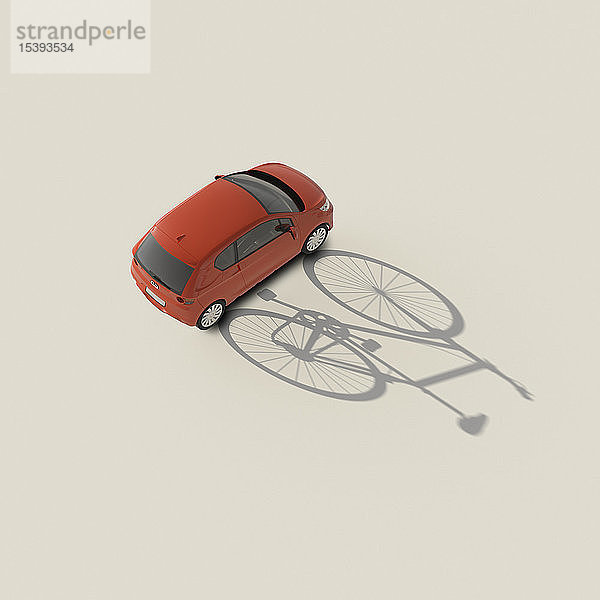 3D-Rendering  Rotes Auto wirft Schatten eines Fahrrads