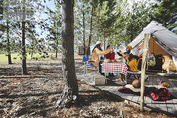 Lesbisches Paar und Kinder stoßen mit Tassen am sonnigen Campingtisch im Wald an
