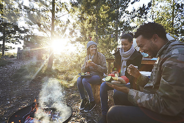 Glückliche Freunde beim Essen auf einem sonnigen Campingplatz im Wald