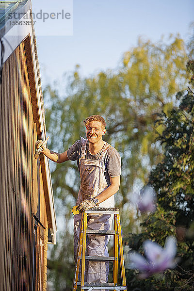 Porträt selbstbewusster männlicher Maler auf einer Leiter  der ein Haus von außen streicht