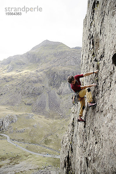 Männlicher Bergsteiger  der eine Felswand erklimmt und nach unten schaut