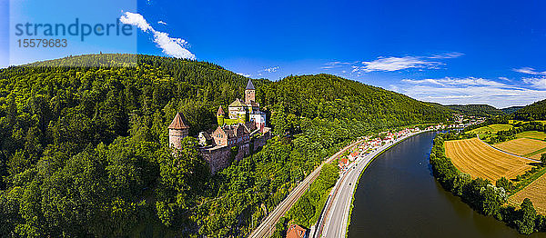 Luftaufnahme der Burg Zwingenberg auf einem Berg am Neckar  Hessen  Deutschland