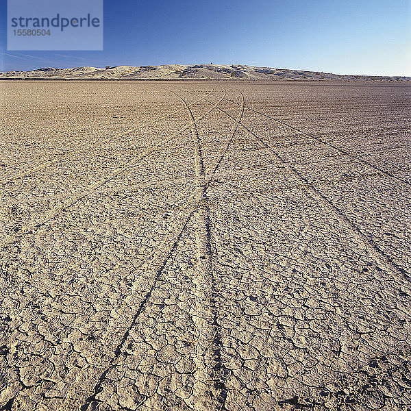 USA  Kalifornien  Blick auf Reifenspuren in der Wüste