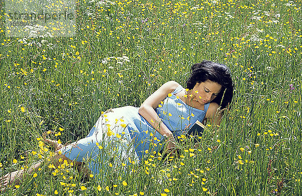 Junge Frau liegt auf Gras und liest Buch  erhöhte Ansicht