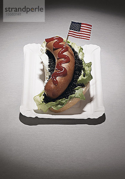 Amerikanische Flagge auf Hot Dog im Teller  Nahaufnahme