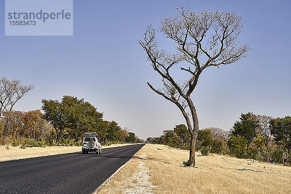 Auto fährt auf der Straße gegen den klaren Himmel am Caprivi-Streifen  Namibia