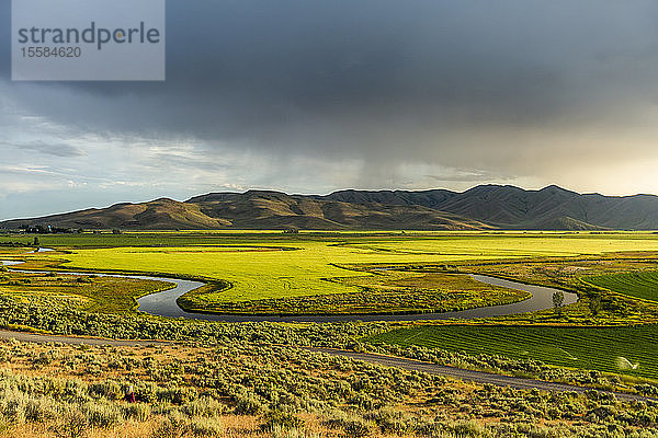 Fluss durch Felder an Hügeln in Picabo  Idaho  USA