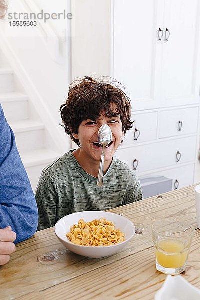 Junge lacht über Löffel  der beim Frühstück auf der Nase klebt