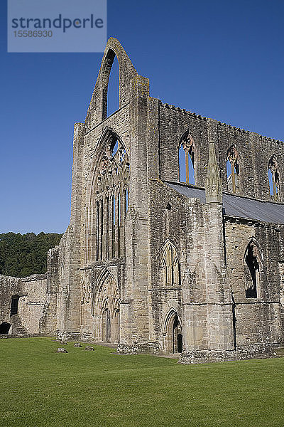 Vertikale Ansicht der Westfront und der Südwestecke von Tintern Abbey  Monmouthshire  Wales  Vereinigtes Königreich