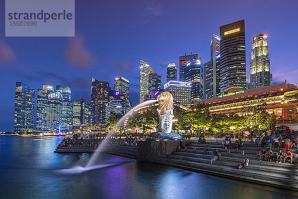 Der Merlion an der Marina Bay mit dem Fullerton Hotel vor der Kulisse des Financial District bei Nacht  Singapur
