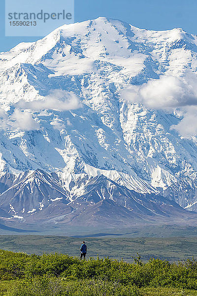 Der Berg Denali im Denali National Park and Preserve  gesehen von der Park Road  die zum Wonder Lake führt. Das Foto zeigt einen Wanderer hinter dem Reflection Pond  der vom Denali überragt wird; Alaska  Vereinigte Staaten von Amerika