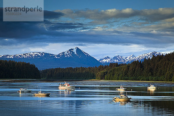 Abendliche Aussicht auf Bartlett Cove und vertäute Fischerboote  Glacier Bay National Park & Preserve  Südost-Alaska  Sommer