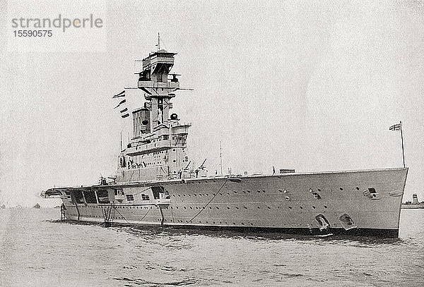 HMS Hermes  ein für die Royal Navy gebauter britischer Flugzeugträger  das erste als Flugzeugträger konzipierte Schiff der Welt  wurde am 9. April 1942 von japanischen Flugzeugen versenkt. Aus The Book of Ships  veröffentlicht um 1920.