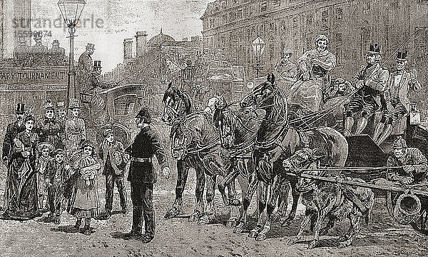 Ein Polizist hält den Verkehr an einer belebten Kreuzung an  um Fußgängern das Überqueren der Straße zu ermöglichen  London  England  19. Jahrhundert. Aus London Pictures  veröffentlicht 1890.