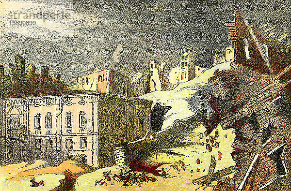 Das Erdbeben in Lissabon  Portugal  im Jahr 1755  auch bekannt als Großes Lissabonner Erdbeben  das Brände und einen anschließenden Tsunami verursachte. Aus The World's Foundations or Geology for Beginners  veröffentlicht 1883.