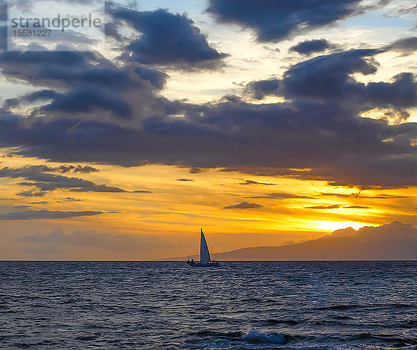 Segelboot im Meer vor der Küste der Strände Kamaole One und Two  Kamaole Beach Park; Kihei  Maui  Hawaii  Vereinigte Staaten von Amerika