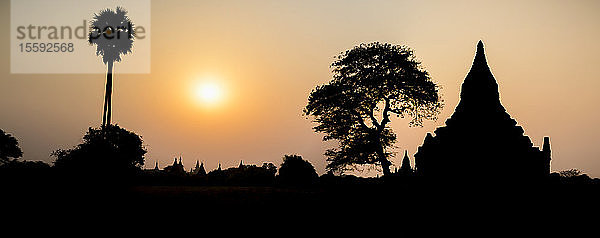 Silhouette eines buddhistischen Tempels bei Sonnenuntergang; Bagan  Mandalay Region  Myanmar
