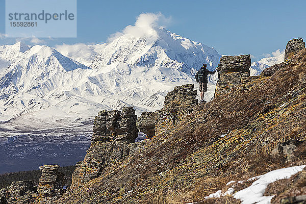 Ein Wanderer genießt die Aussicht auf den Mount Moffit und die Alaska Range beim Aufstieg zum Donnelly Dome; Alaska  Vereinigte Staaten von Amerika