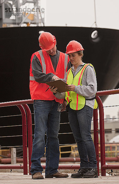 Ingenieure eines Hafenterminals bei der Überprüfung von Dokumenten in einem Handelsdock