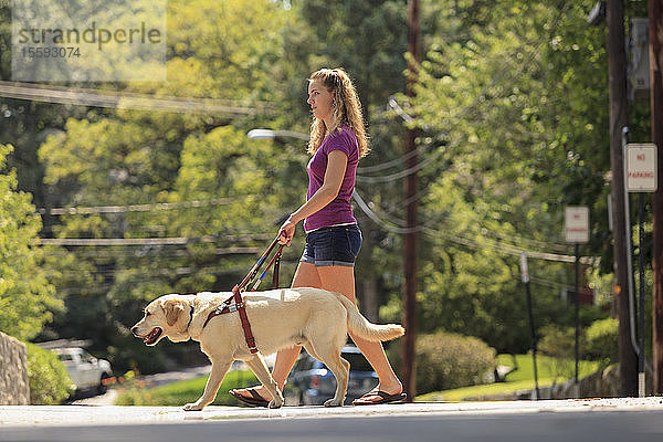 Studentin mit Sehbehinderung und ihr Diensthund beim Überqueren der Straße