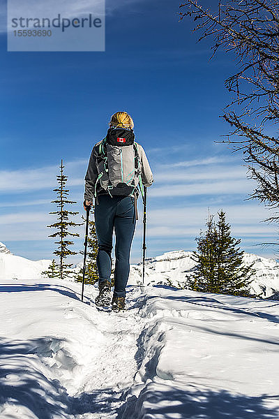 Wanderin auf schneebedecktem Weg mit schneebedeckten Bergen  blauem Himmel und Wolken im Hintergrund; Lake Louise  Alberta  Kanada