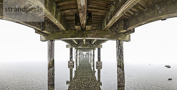 Die Unterseite des Piers von Crescent Beach spiegelt sich an einem nebligen Tag im ruhigen Wasser; Surrey  British Columbia  Kanada