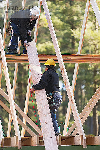 Zimmerleute beim Einsetzen der Dachsparren beim Hausbau