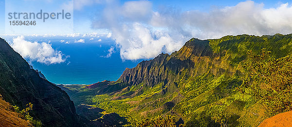 Farbenfrohes Kalalau-Tal und der Pazifische Ozean; Kauai  Hawaii  Vereinigte Staaten von Amerika