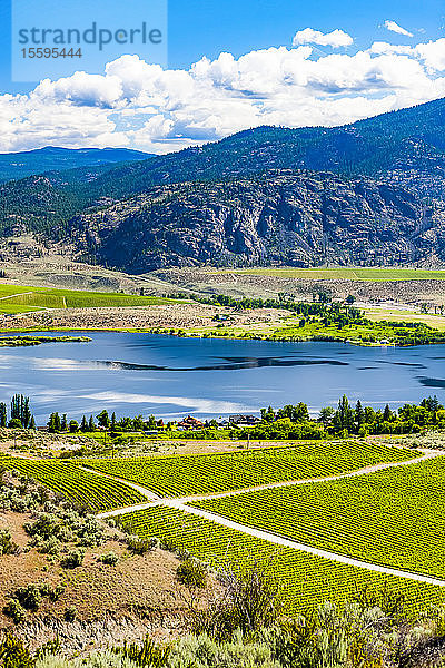 South Okanagan von der Spitze eines Hügels und dem alten Schlittentransporter; British Columbia  Kanada