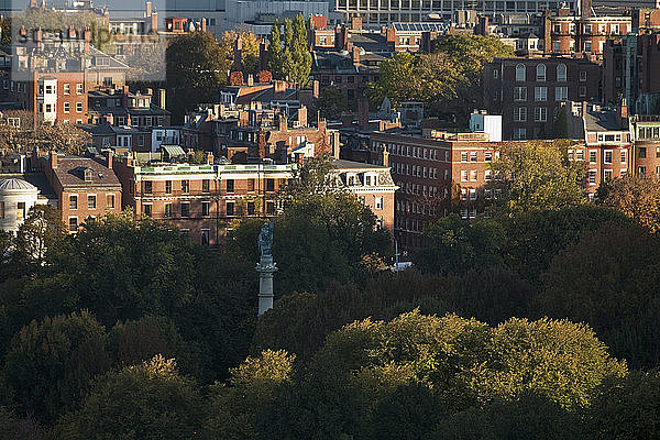 Beacon Hill und Boston Common mit dem Soldiers and Sailors Monument bei Sonnenaufgang  Boston  Suffolk County  Massachusetts  USA