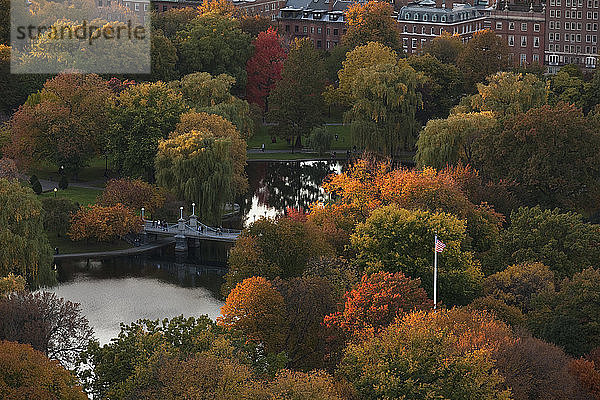 Boston Public Garden im Herbst mit Fußgängerbrücke und der Lagune von oben  Boston  Suffolk County  Massachusetts  USA