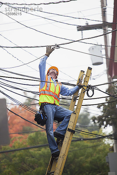 Kabelmonteur  der von einer Leiter aus eine Kabelverbindung in der Stadt überprüft