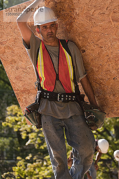 Zimmermann trägt eine Spanplatte auf einer Baustelle