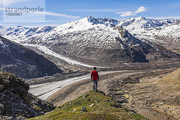 Ein Mann begutachtet den Castner Glacier und die Alaska Range vom Rand einer alpinen Wiese nahe der Thayer Hut; Alaska  Vereinigte Staaten von Amerika